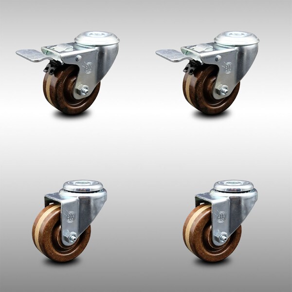3 Inch SS High Temp Phenolic Swivel Bolt Hole Caster Set with 2 Total Lock Brake